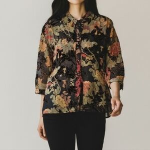 Citron Santa Monica~Women Burnout Velvet~Floral Button Up~Silk~Art To Wear~PS